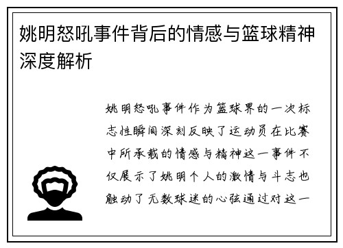 姚明怒吼事件背后的情感与篮球精神深度解析